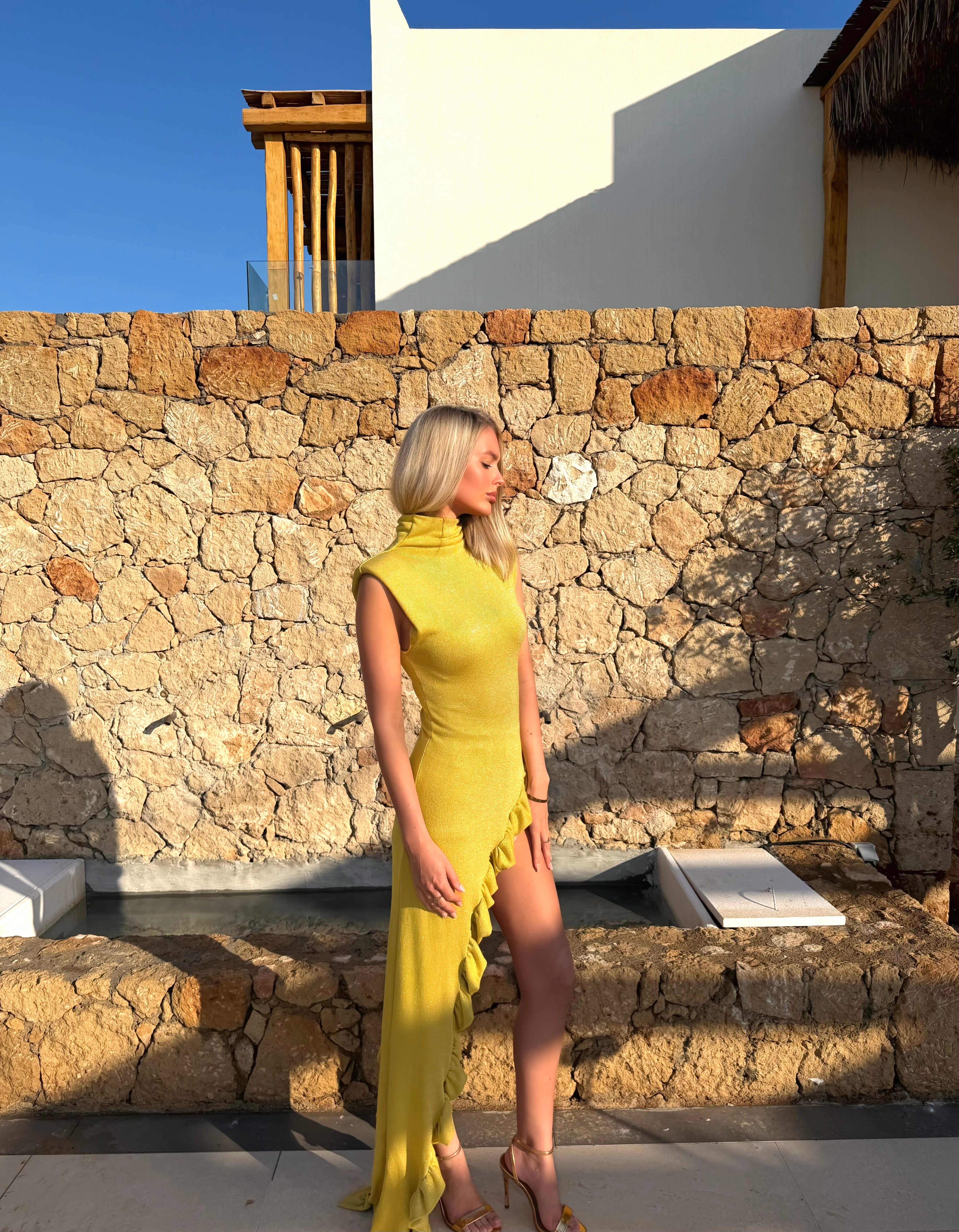 The Yellow Shimmer Drape Ruffle Set
