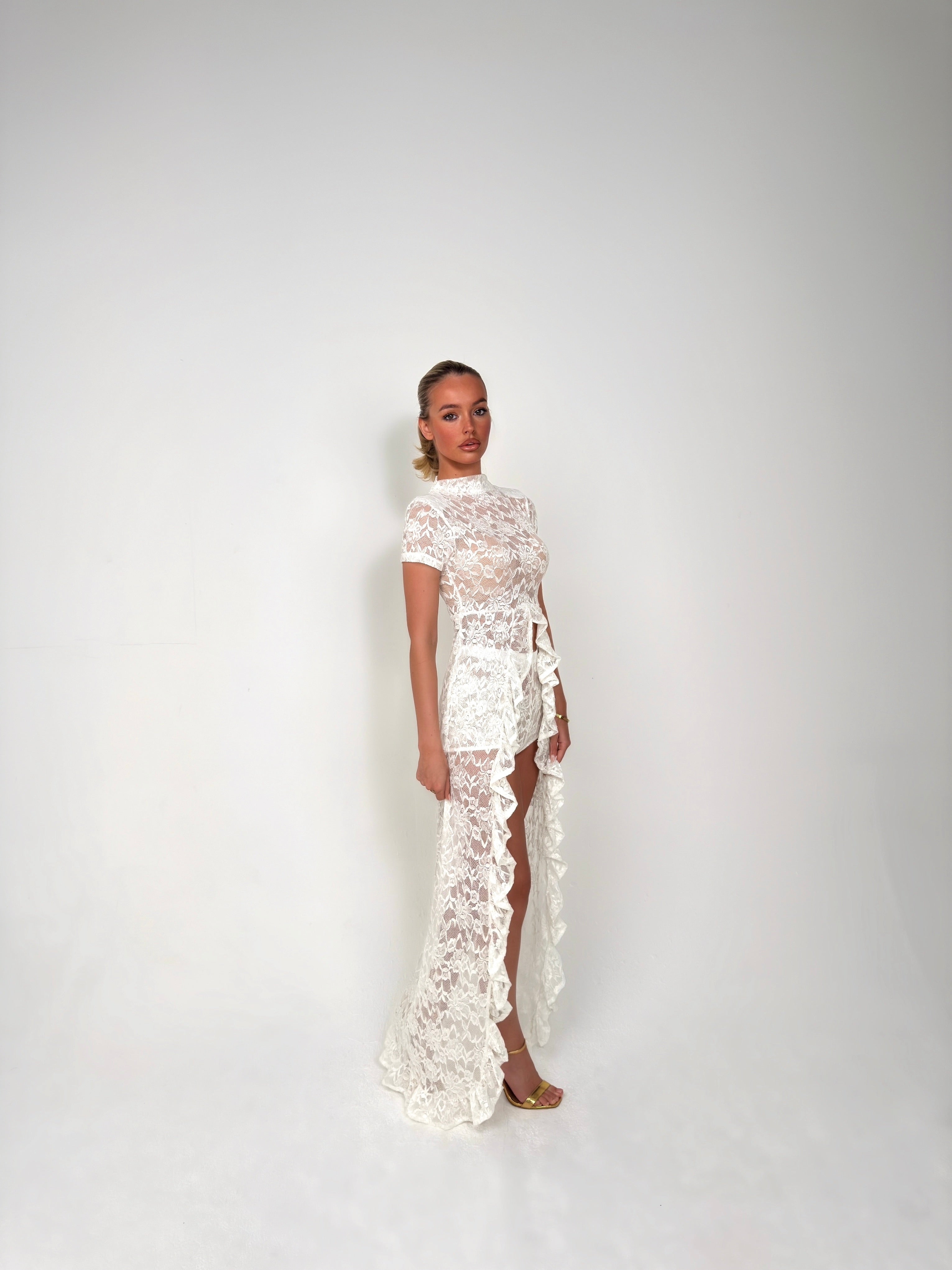 The White Lace Ruffle Cape Top Set