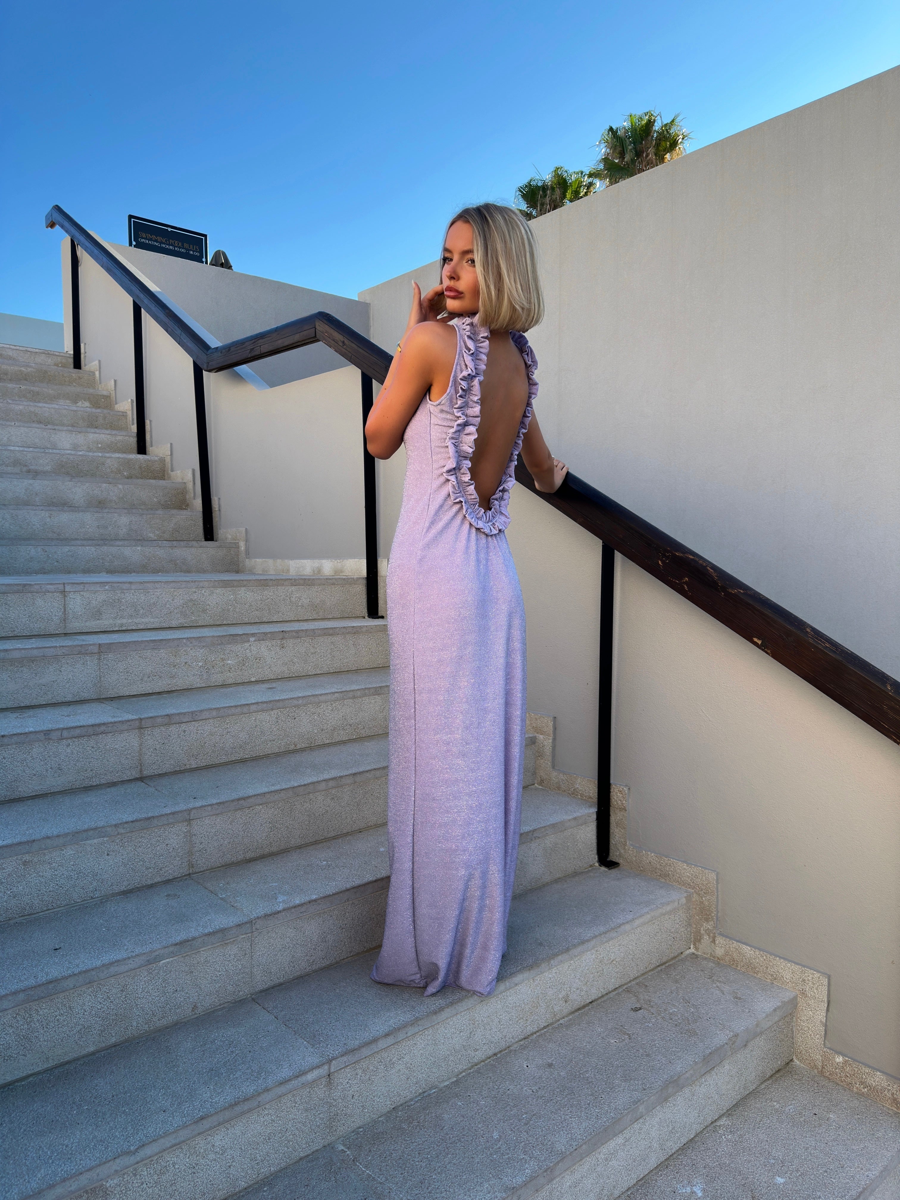 The Lilac Shimmer Ruffle Backless Dress