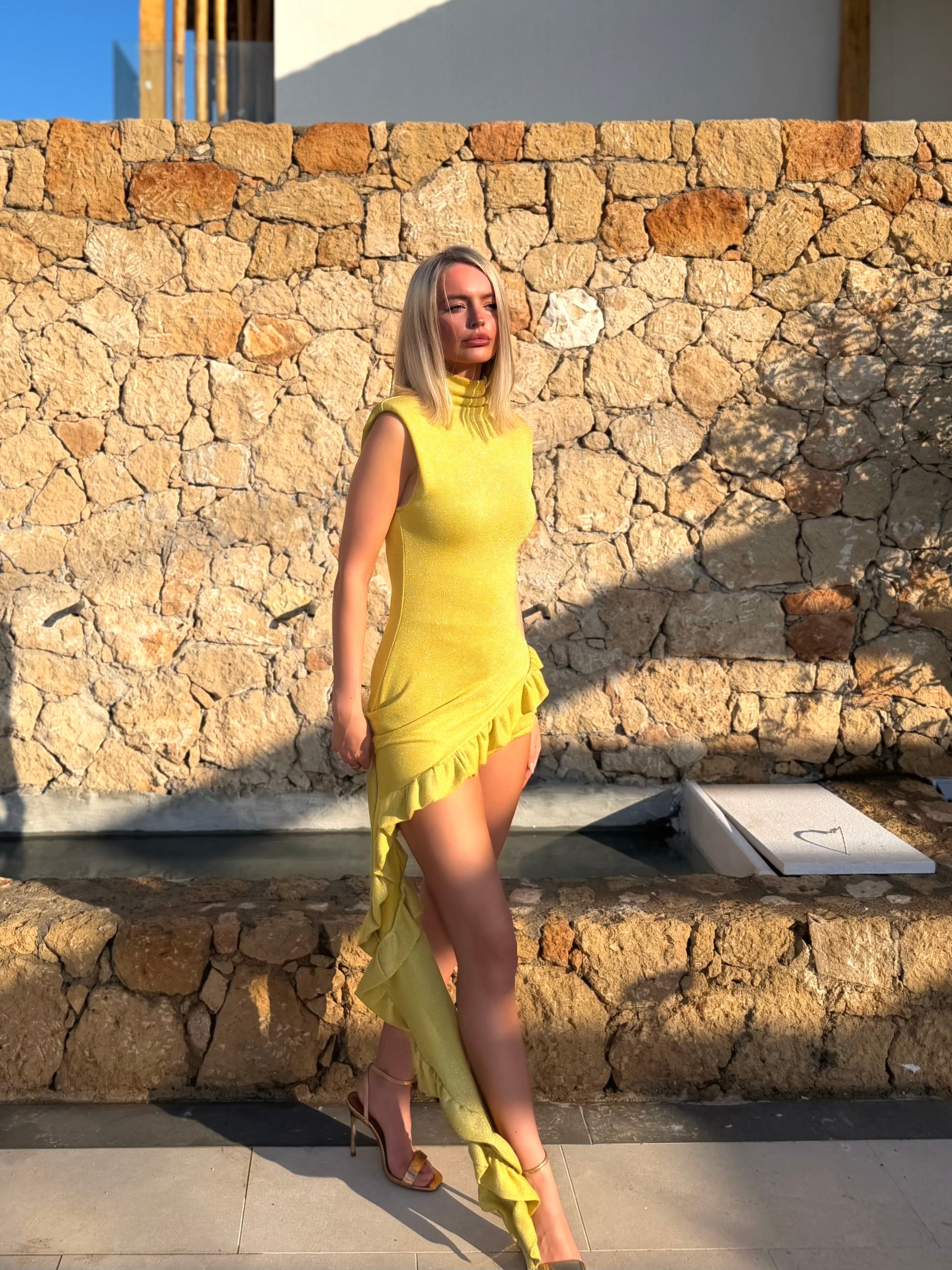 The Yellow Shimmer Drape Ruffle Set