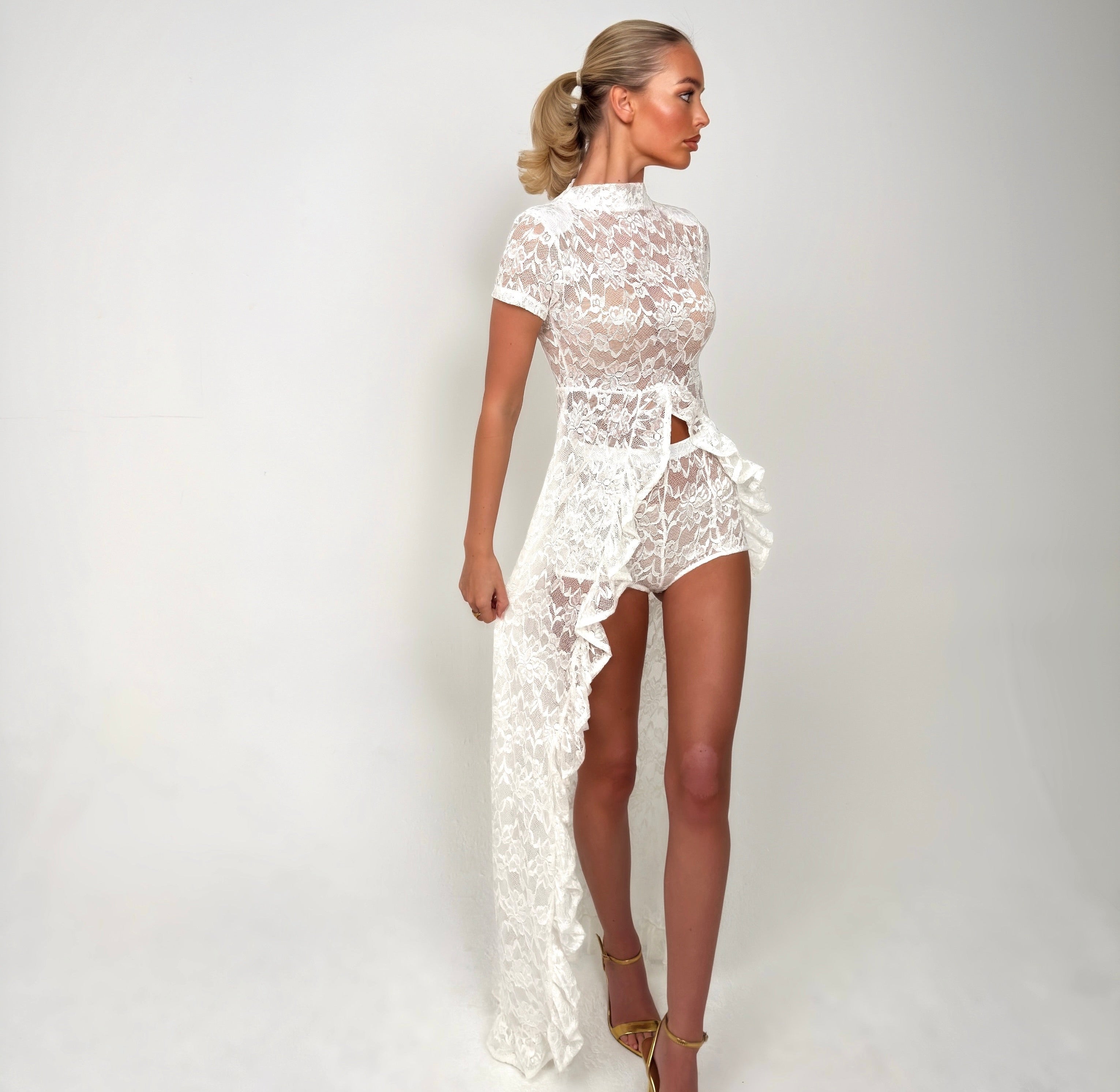 The White Lace Ruffle Cape Top Set