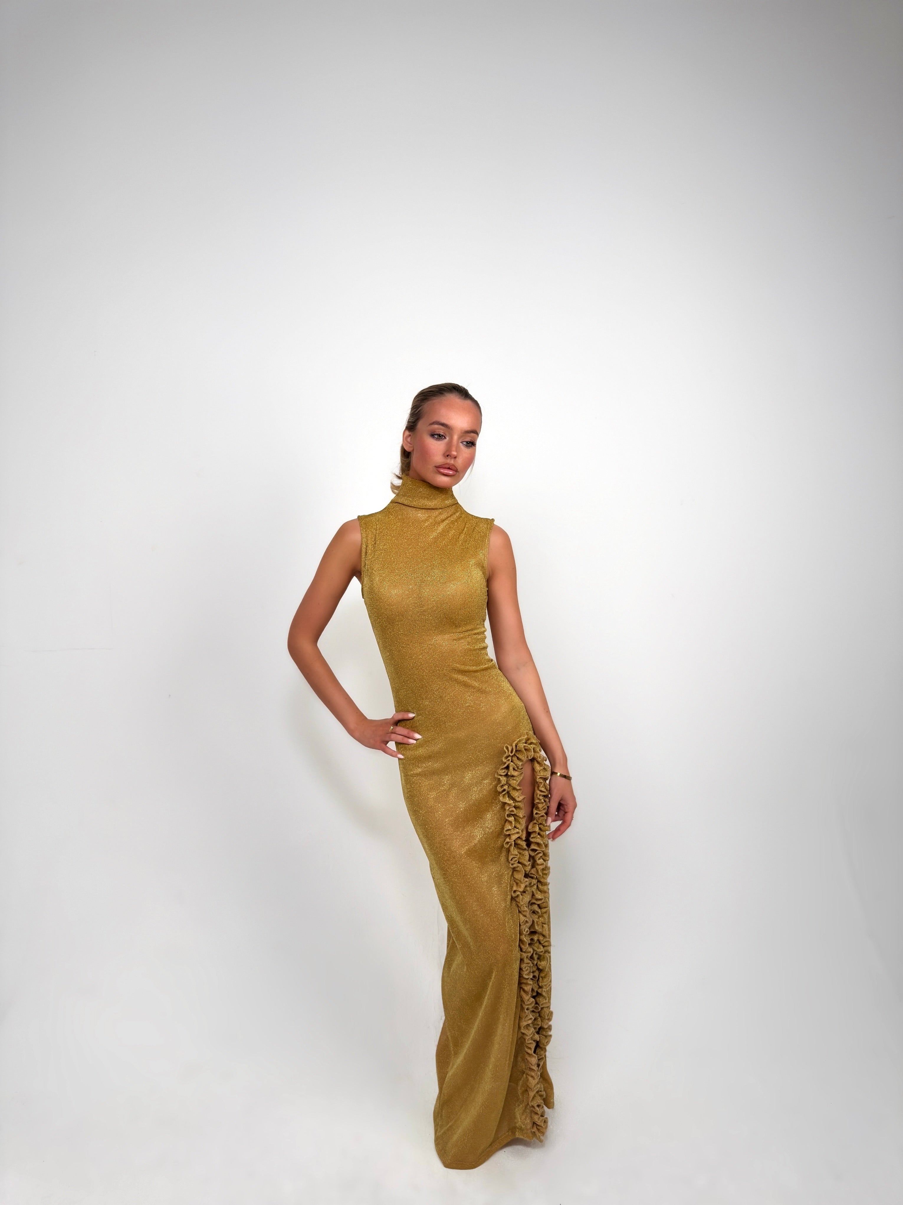 The Gold Shimmer Ruffle Dress