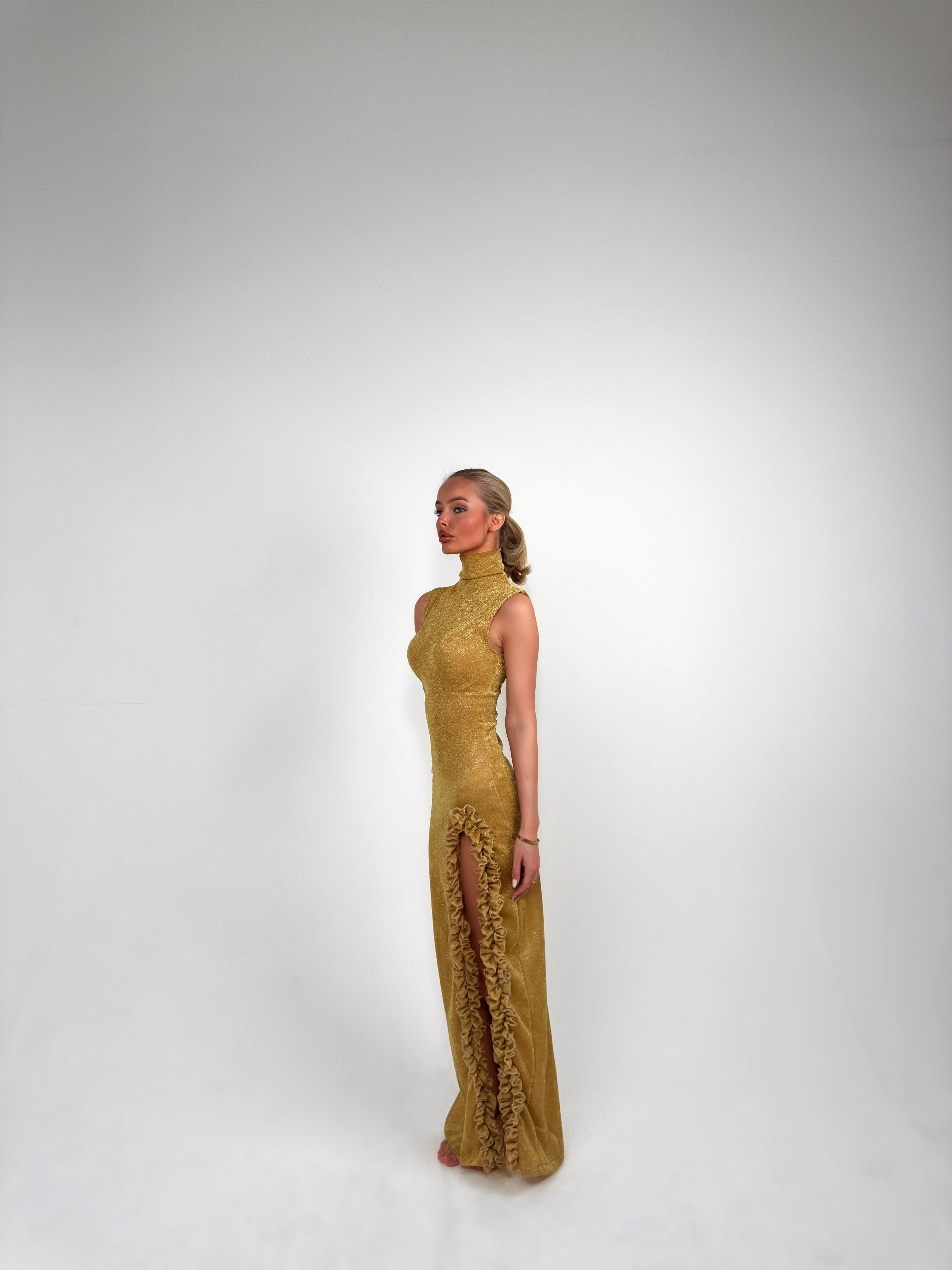 The Gold Shimmer Ruffle Dress