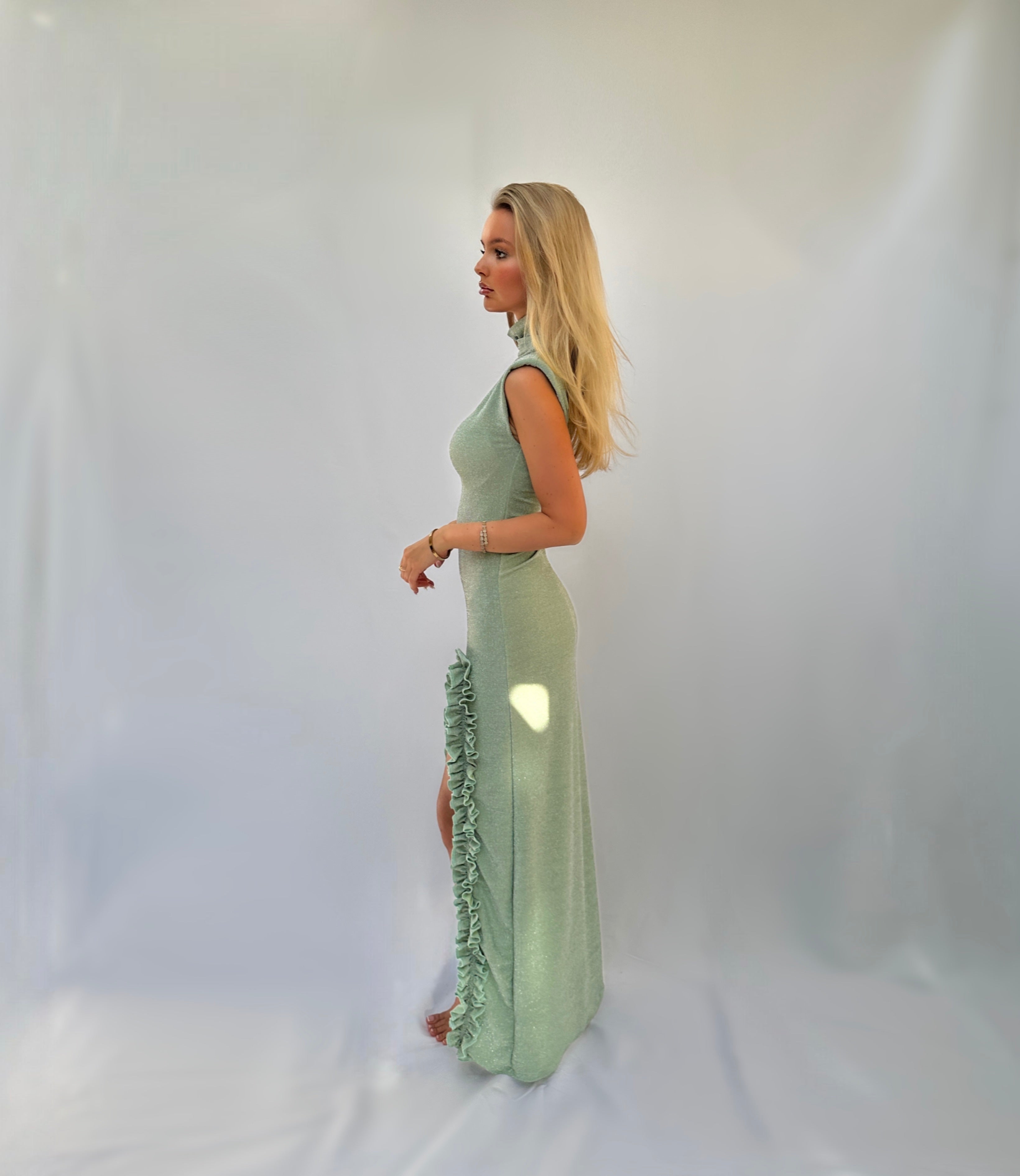 The Sage Shimmer Ruffle Spilt Dress