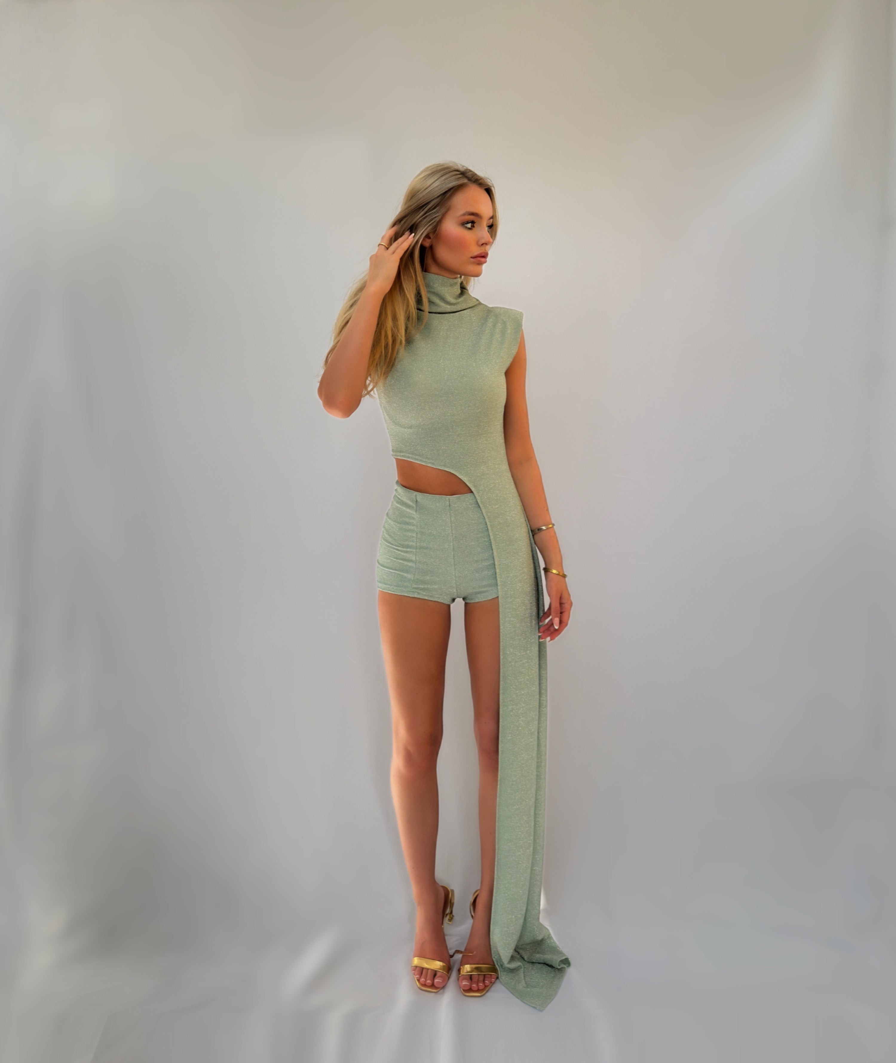 The Sage Shimmer Drape Top Co ord