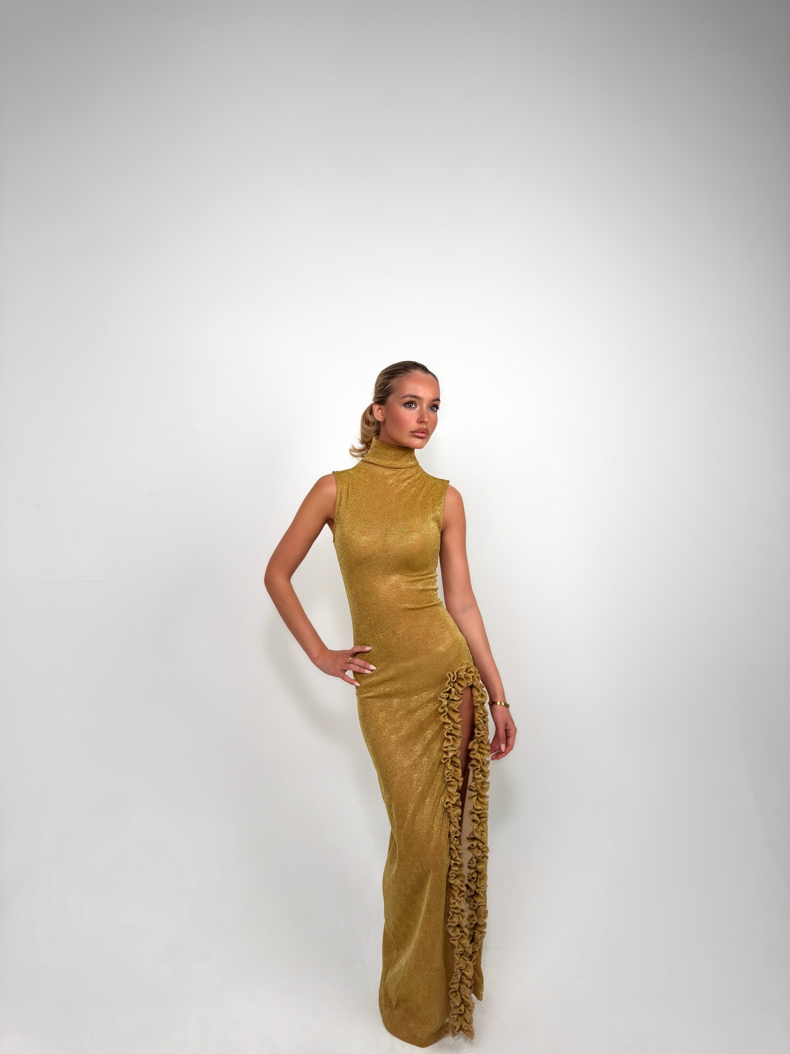 The Gold Shimmer Ruffle Dress