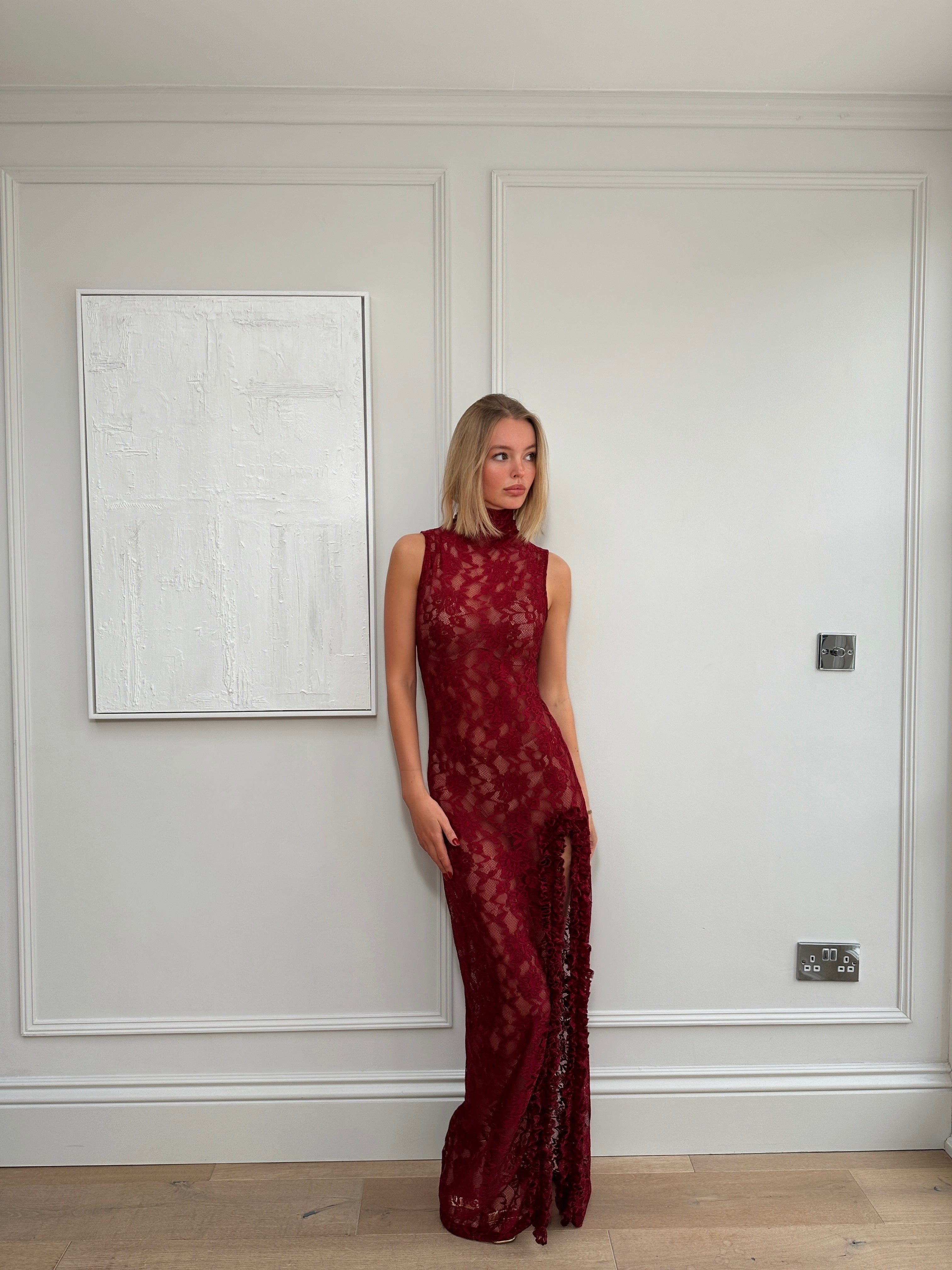 The Burgundy Lace Ruffle Dress